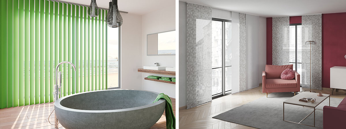 Fenster mit Flächen- & Lamellenvorhängen als Sicht- & Sonnenschutz